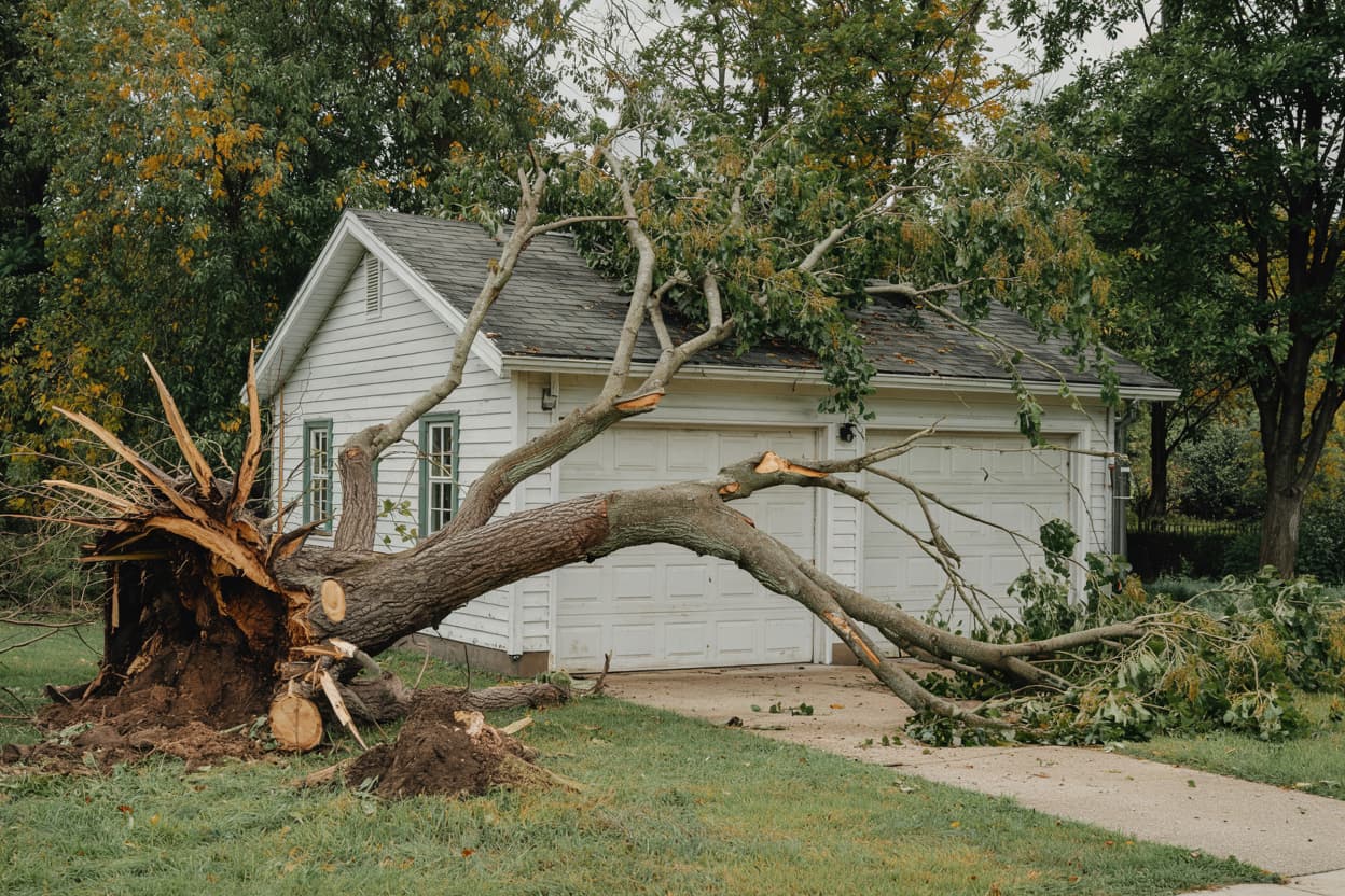 Uprooted tree fallen on a residential garage after a storm in Fall River, MA, requiring emergency tree removal service