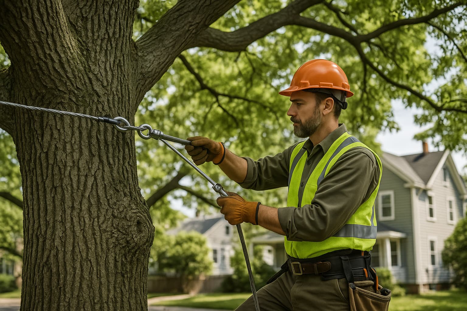 Professional arborist installing a tree cabling system on a mature oak tree in a Fall River, MA neighborhood